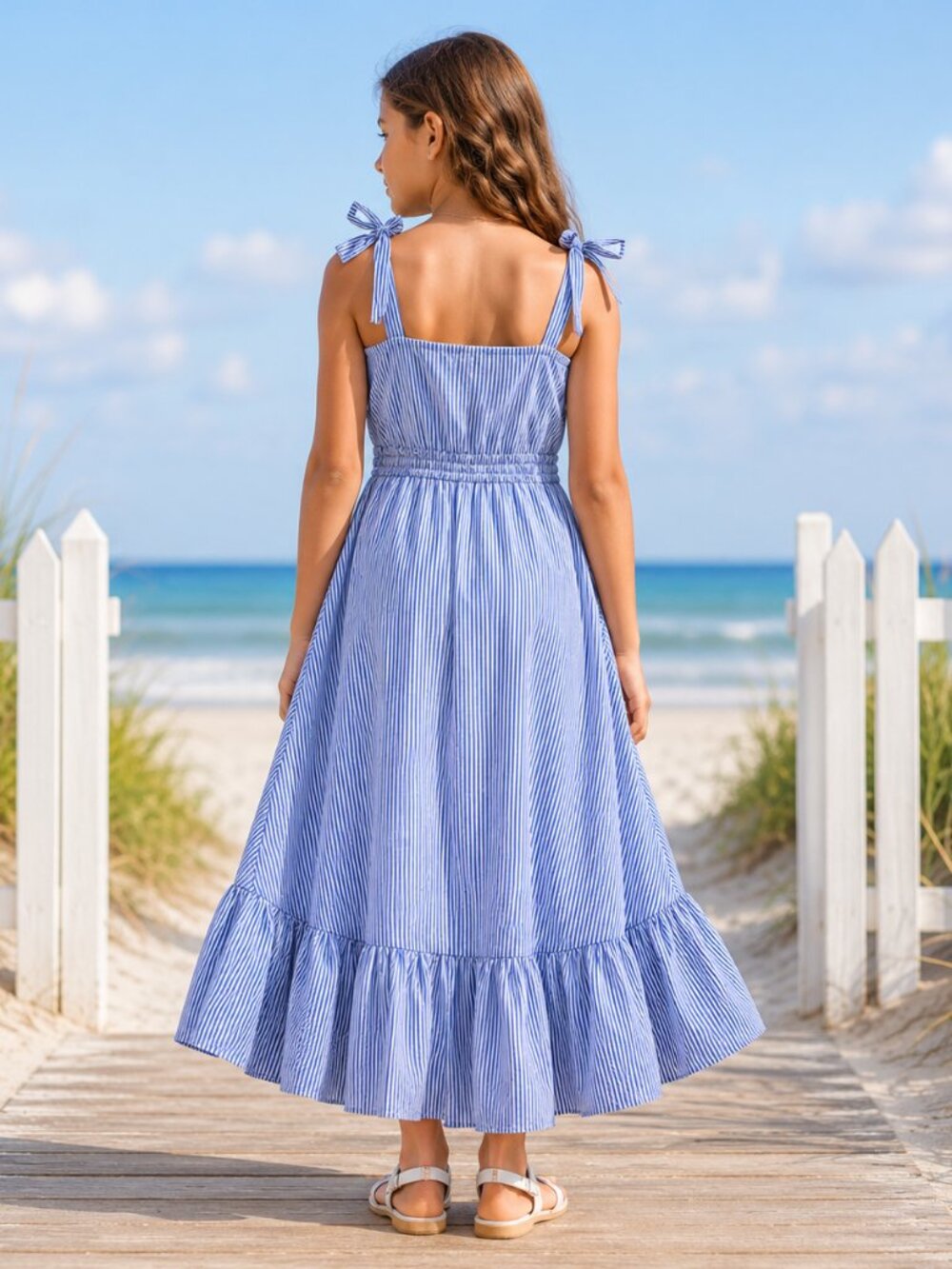 Girls Blue White Striped High Low Ruffle Maxi Dress Habitual Bow Sz L 14/16 - Picture 2 of 12